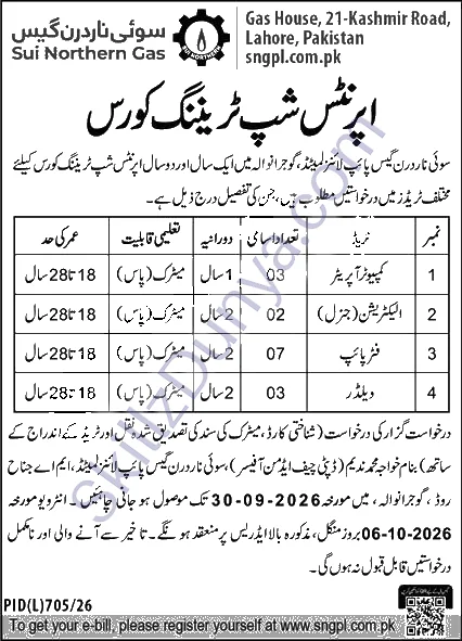 SNGPL — Sui Northern Gas Pipelines Limited (SNGPL) Gujranwala Apprenticeship Training Course 2026 — Pipe Fitter, Computer Operator, Electrician & Welder Pakistan