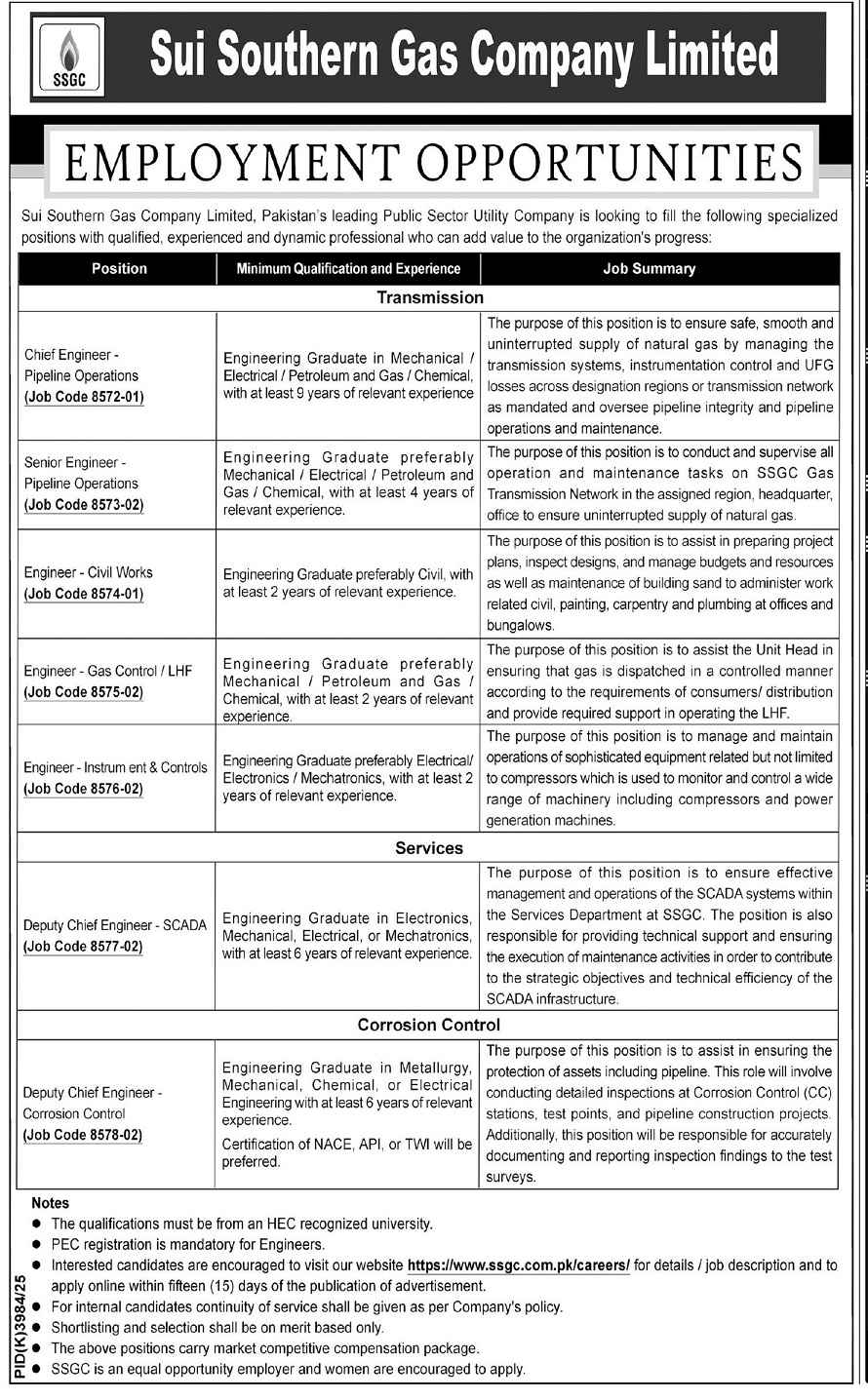Sui Southern Gas Company (SSGC) Jobs 2026 — Chief Engineer - Pipeline Operations, Senior Engineer - Pipeline Operations, Engineer - Civil Works 2026 — Official Newspaper Advertisement | SkillzDunya