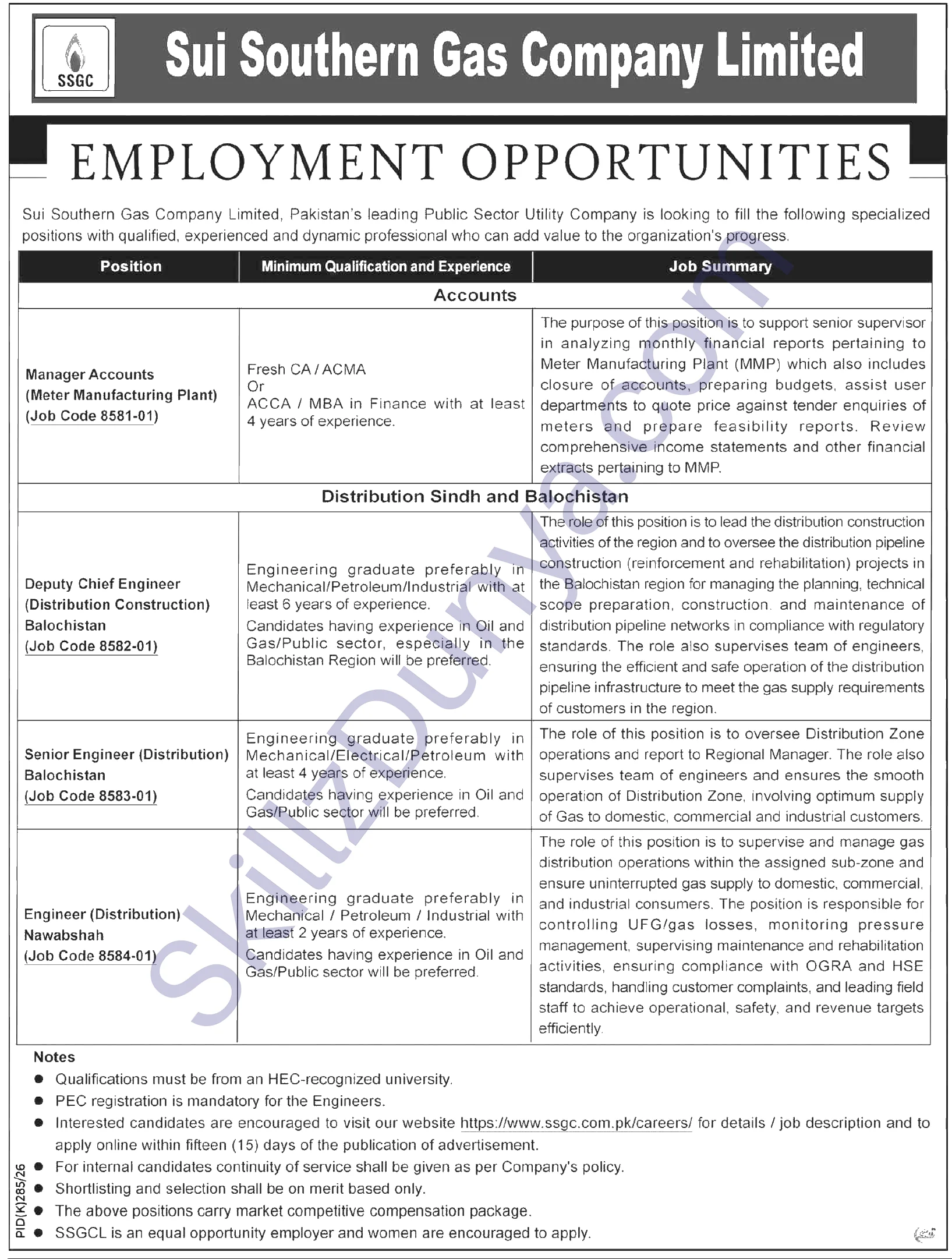 Sui Southern Gas Company (SSGC) Jobs 2026 — Engineers, Managers — Official Newspaper Advertisement | SkillzDunya