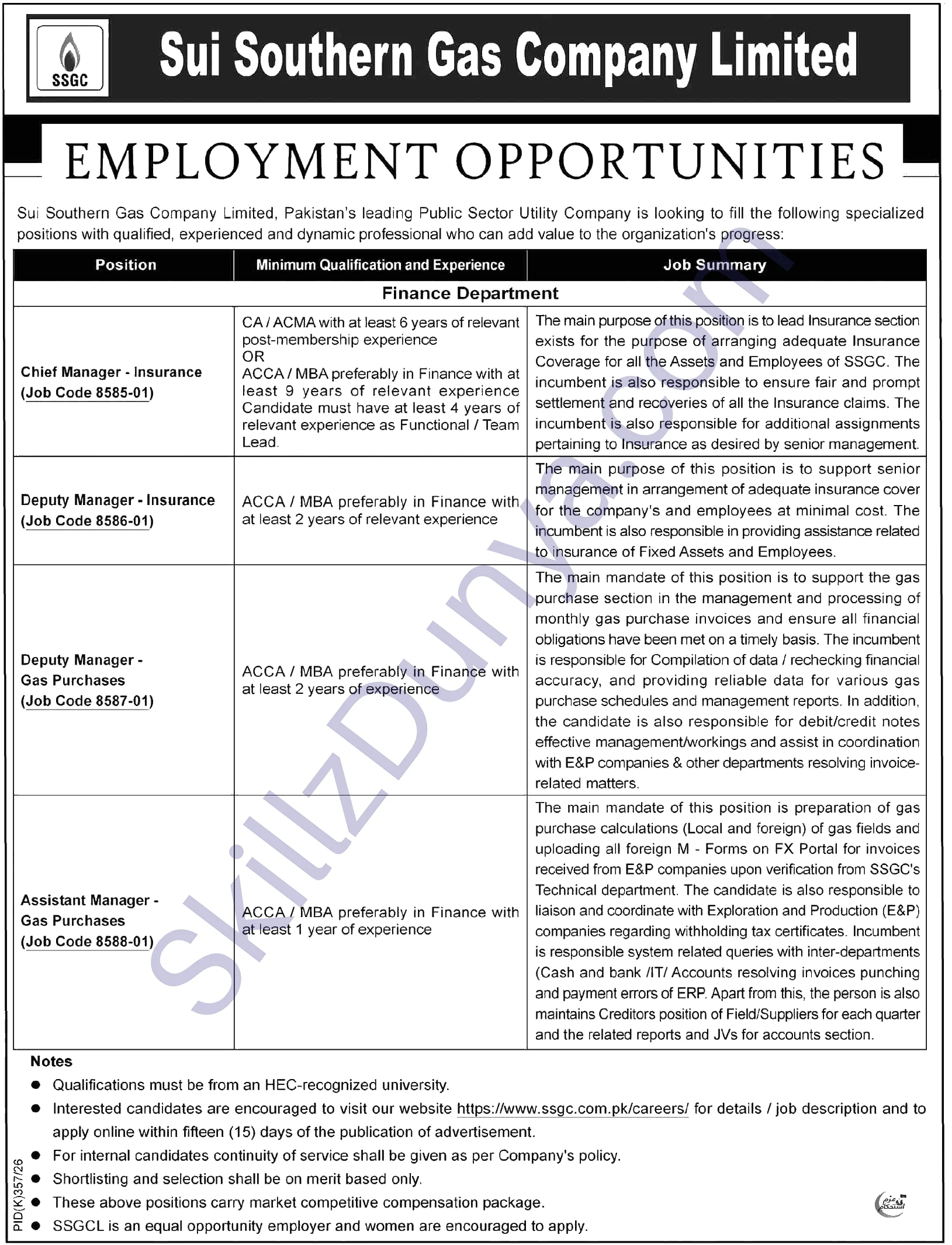 Sui Southern Gas Company (SSGC) Jobs 2026 — Official Newspaper Advertisement | SkillzDunya