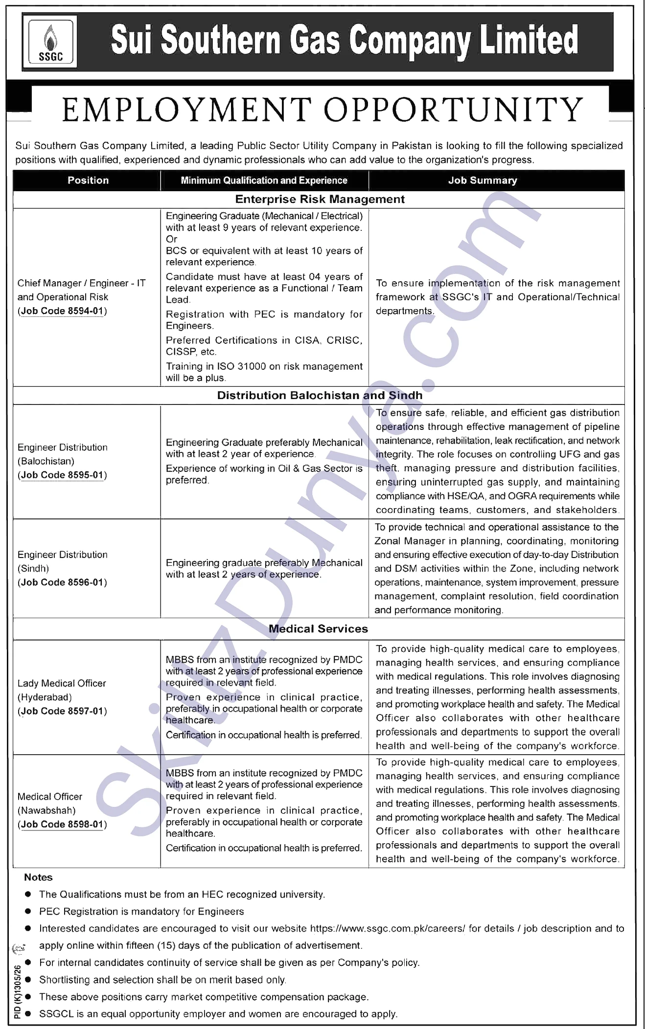 Sui Southern Gas Company (SSGC) Karachi Jobs 2026 — Engineer Distribution (Balochistan), Engineer Distribution (Sindh) & 2 More Posts — Official Newspaper Advertisement | SkillzDunya