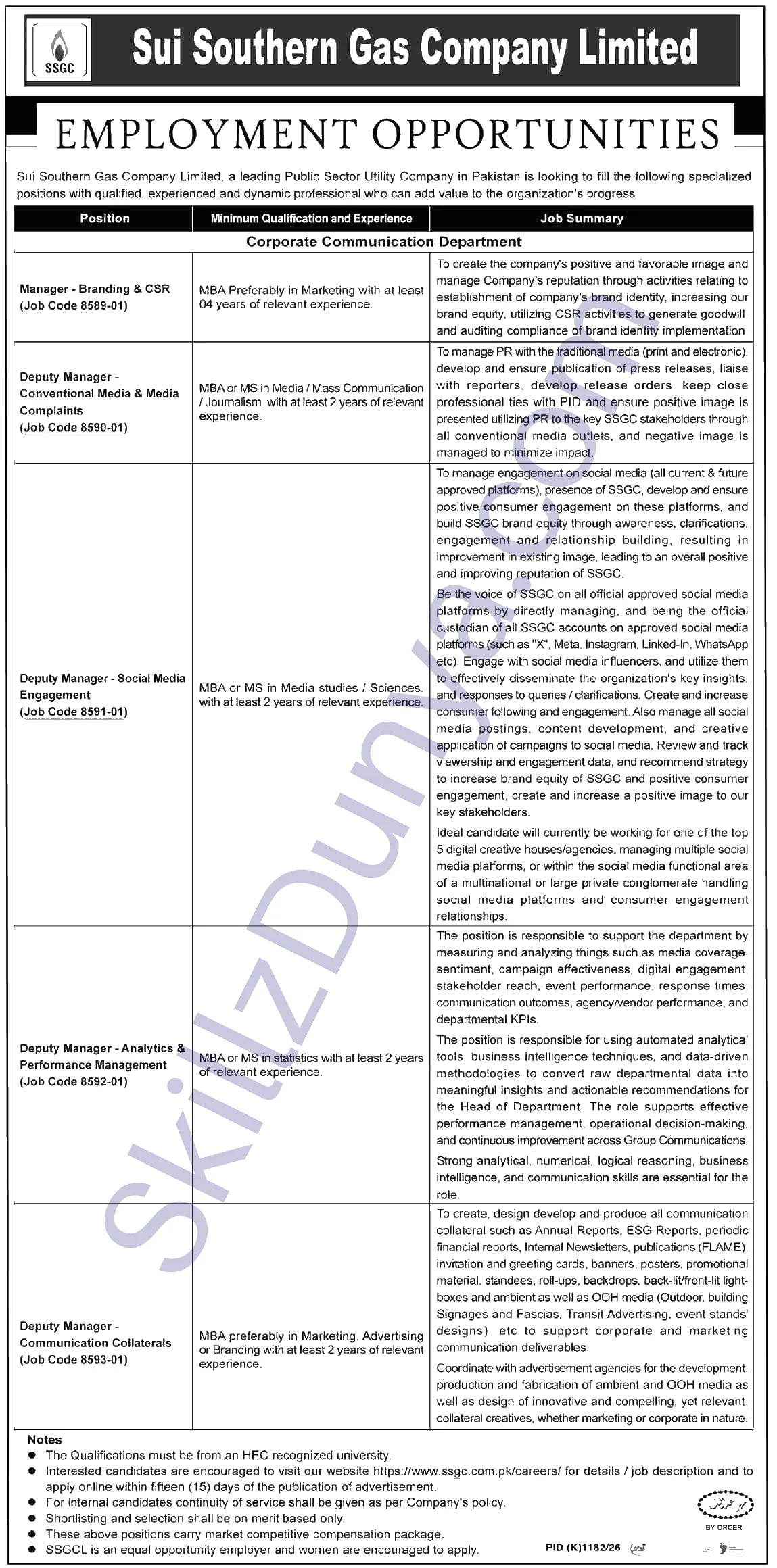 Sui Southern Gas Company (SSGC) Karachi Jobs 2026 — Manager - Branding & CSR, Deputy Manager - Social Media Engagement — Official Newspaper Advertisement | SkillzDunya
