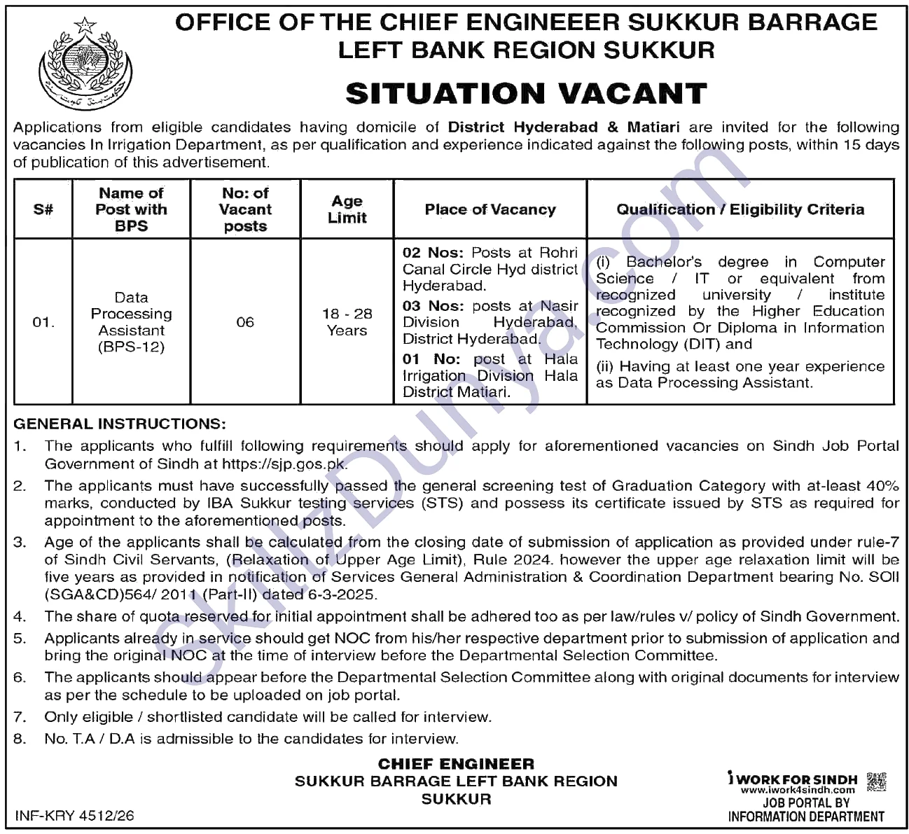 Sukkur Barrage Left Bank Region Sukkur — Sukkur Barrage Left Bank Region Hyderabad Jobs 2026 — Data Processing Assistant Pakistan