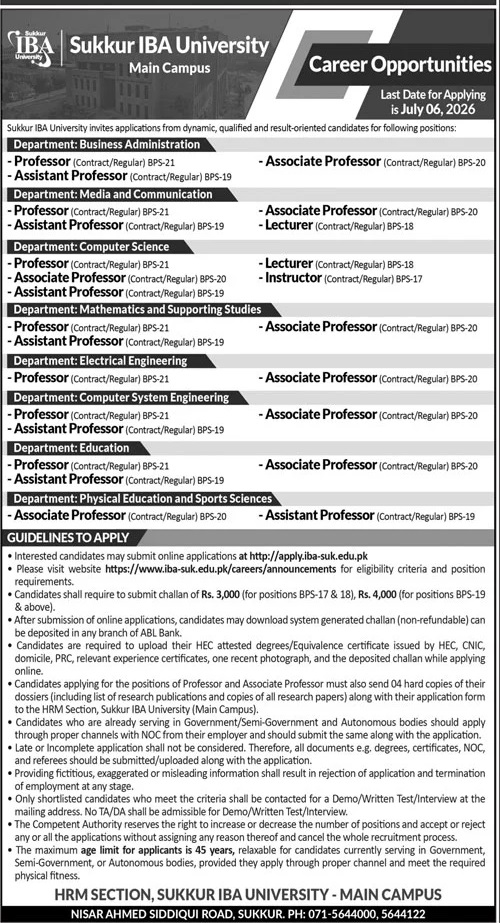 Sukkur Iba University — Sukkur IBA University Jobs 2026 — Professor, Associate Professor, Assistant Professor Pakistan