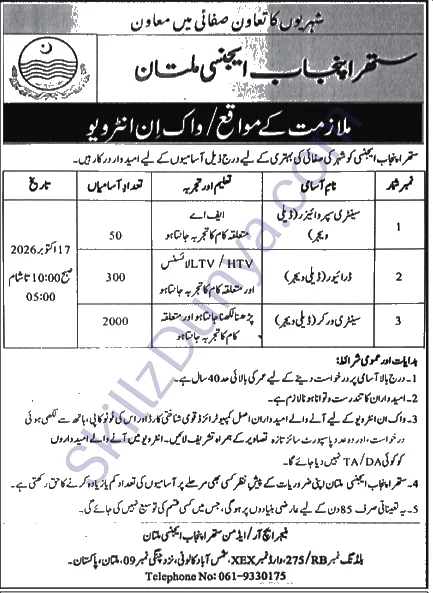 Suthra Punjab Agency — Suthra Multan Jobs 2026 — Sanitary Worker (Daily Wager), Driver (Daily Wager), Sanitary Supervisor (Daily Wager) | Walk-in Interview Pakistan