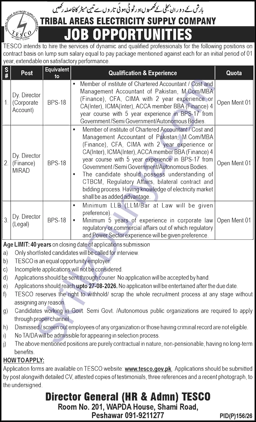 Lahore Electric Supply Company (LESCO) Jobs 2026 — Dy. Director (Corporate Account), Dy. Director (Finance) MIRAD, Dy. Director (Legal) — Official Newspaper Advertisement | SkillzDunya