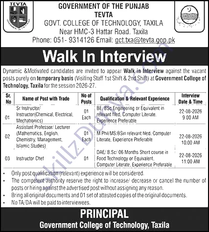 TEVTA Jobs 2026 — Teaching | Walk-in Interview — Official Newspaper Advertisement | SkillzDunya