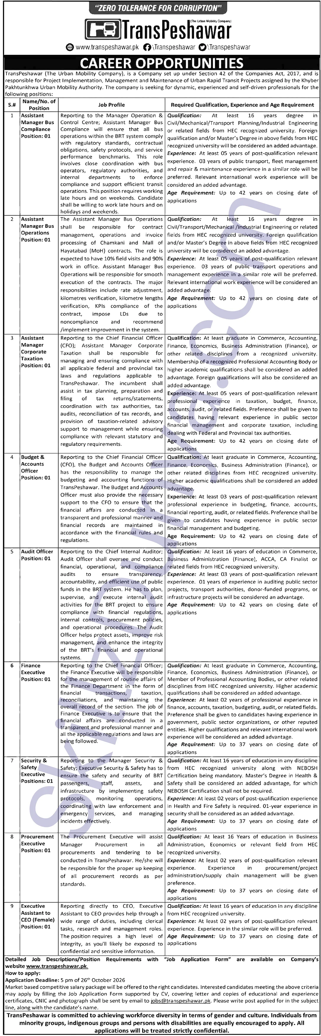 Trans Peshawar — Trans Peshawar Jobs 2026 — Assistant Manager Bus Compliance, Assistant Manager Bus Operations & 7 More Posts Pakistan