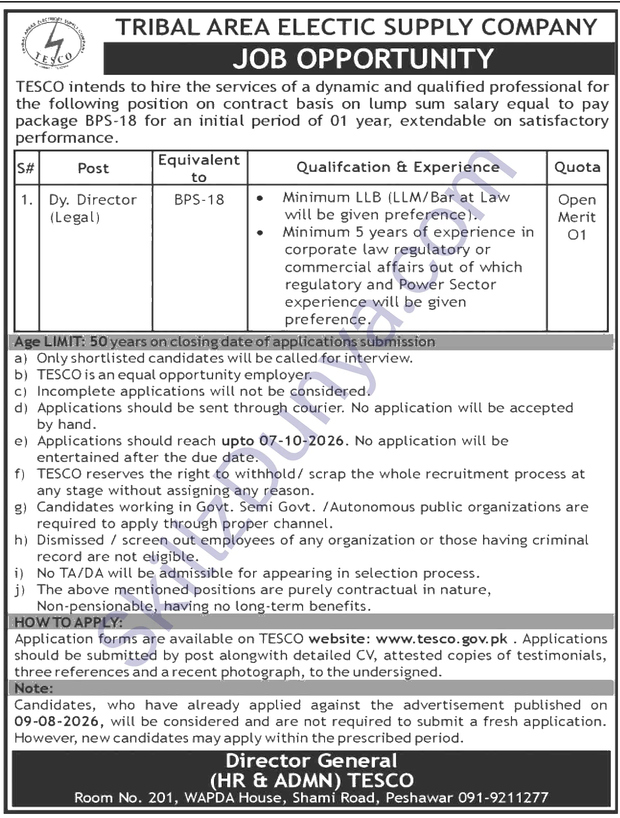 Tribal Area Electric Supply Company Tesco — Tribal Area Electric Supply Company TESCO Peshawar Jobs 2026 — Dy. Director (Legal) Pakistan
