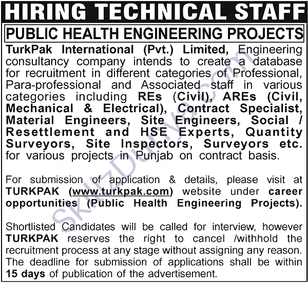 Turk Pak International Jobs 2026 — REs (Civil), AREs (Civil, Mechanical & Electrical) & 7 More Posts — Official Newspaper Advertisement | SkillzDunya
