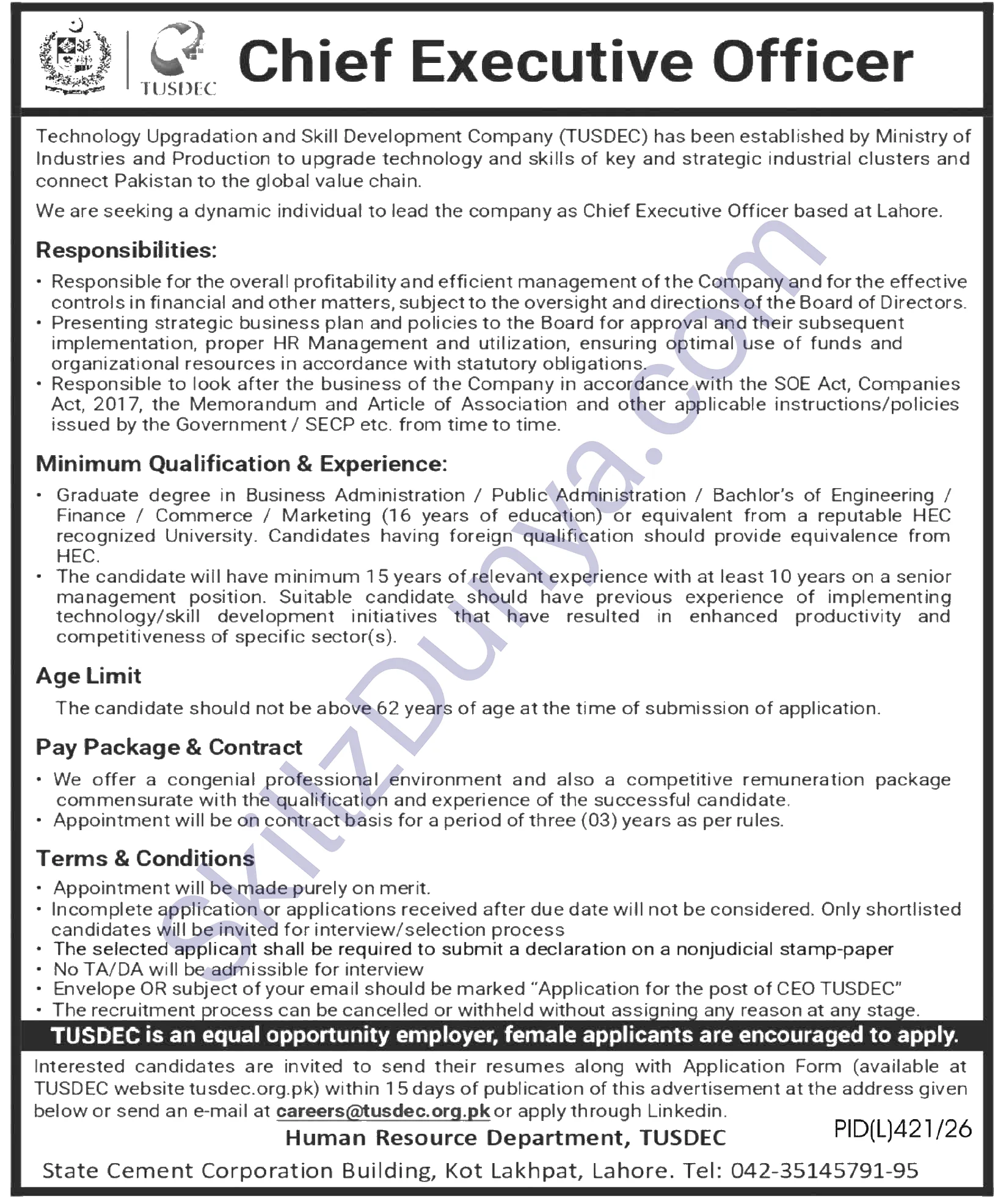 TUSDEC Jobs 2026 — Skill Development Company — Official Newspaper Advertisement | SkillzDunya