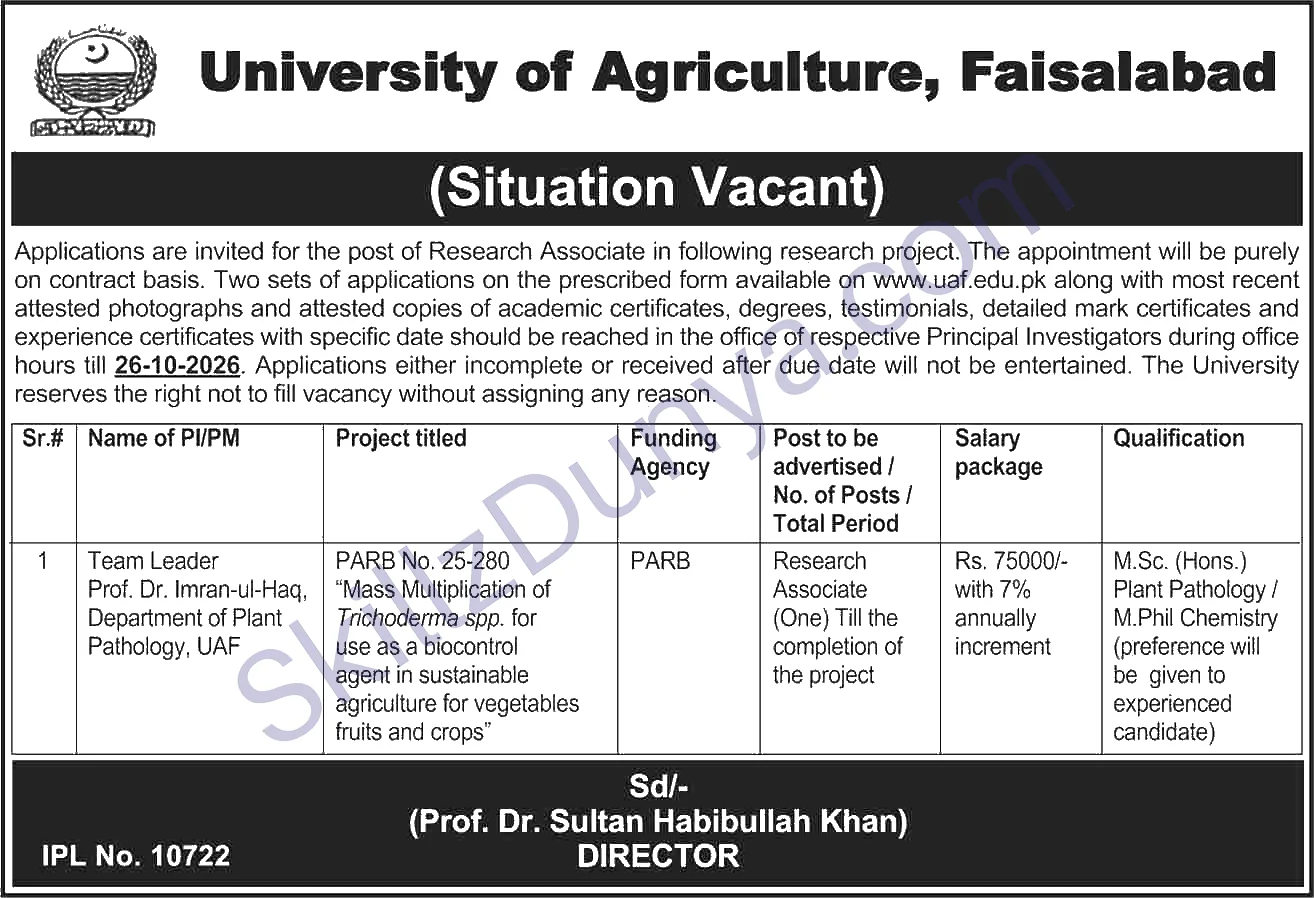 University Of Agriculture Faisalabad Uaf — University of Agriculture Faisalabad Jobs 2026 — Research Associate Pakistan