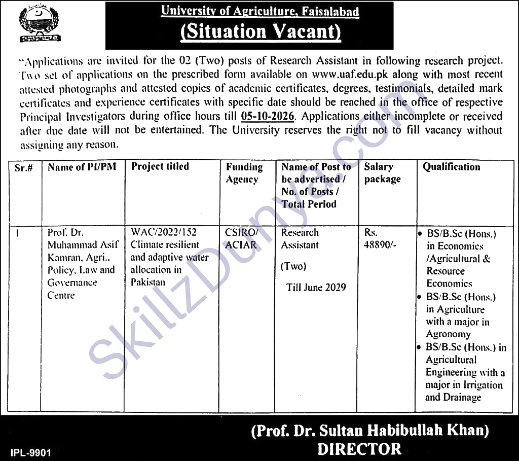 University of Agriculture Faisalabad Jobs 2026 — Research Assistant — Official Newspaper Advertisement | SkillzDunya