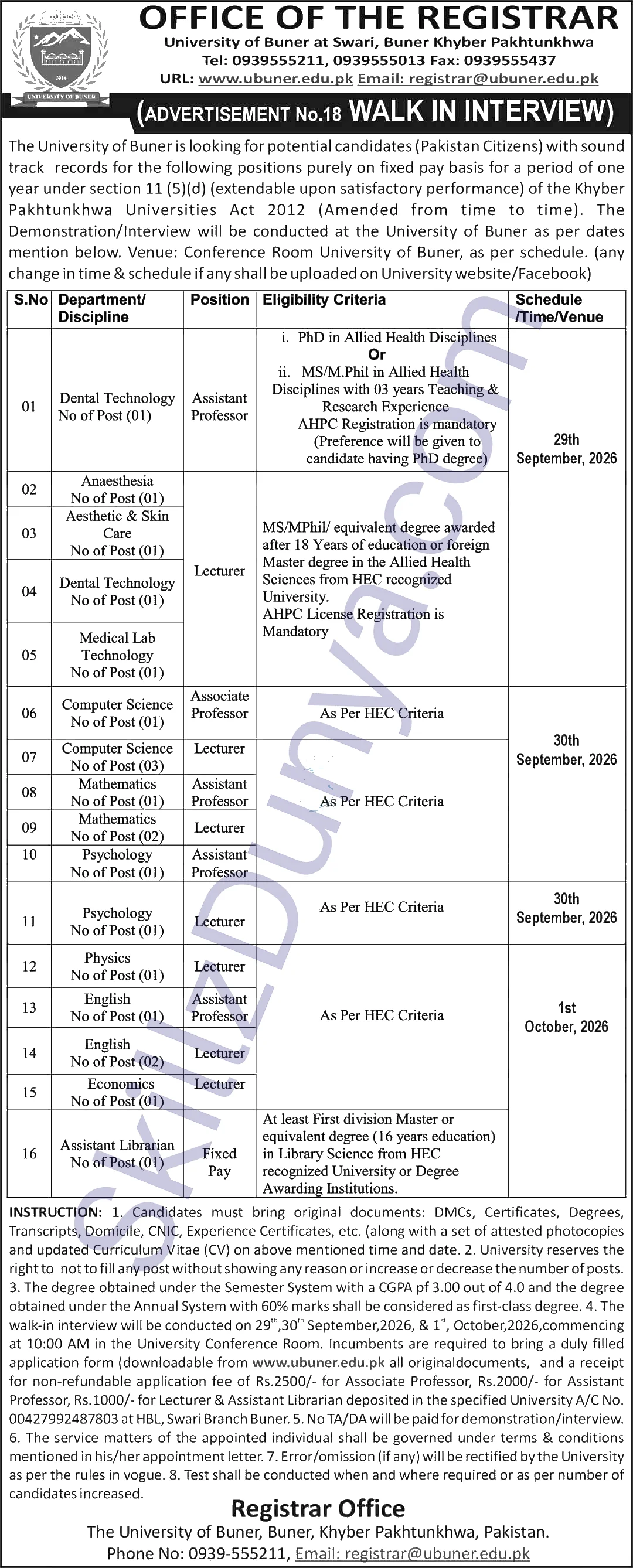University Of Buner — University of Buner Jobs 2026 — Teaching, Non-Teaching | Walk-in Interview Pakistan