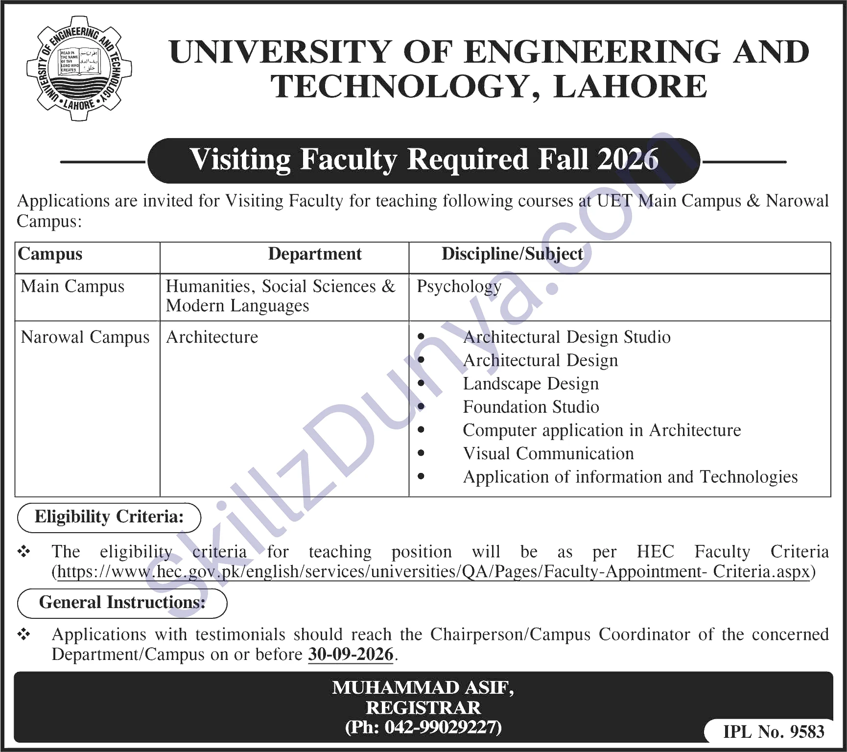 University of Engineering and Technology (UET) Jobs 2026 — Visiting Faculty Main Campus Lahore, Narowal Campus — Official Newspaper Advertisement | SkillzDunya