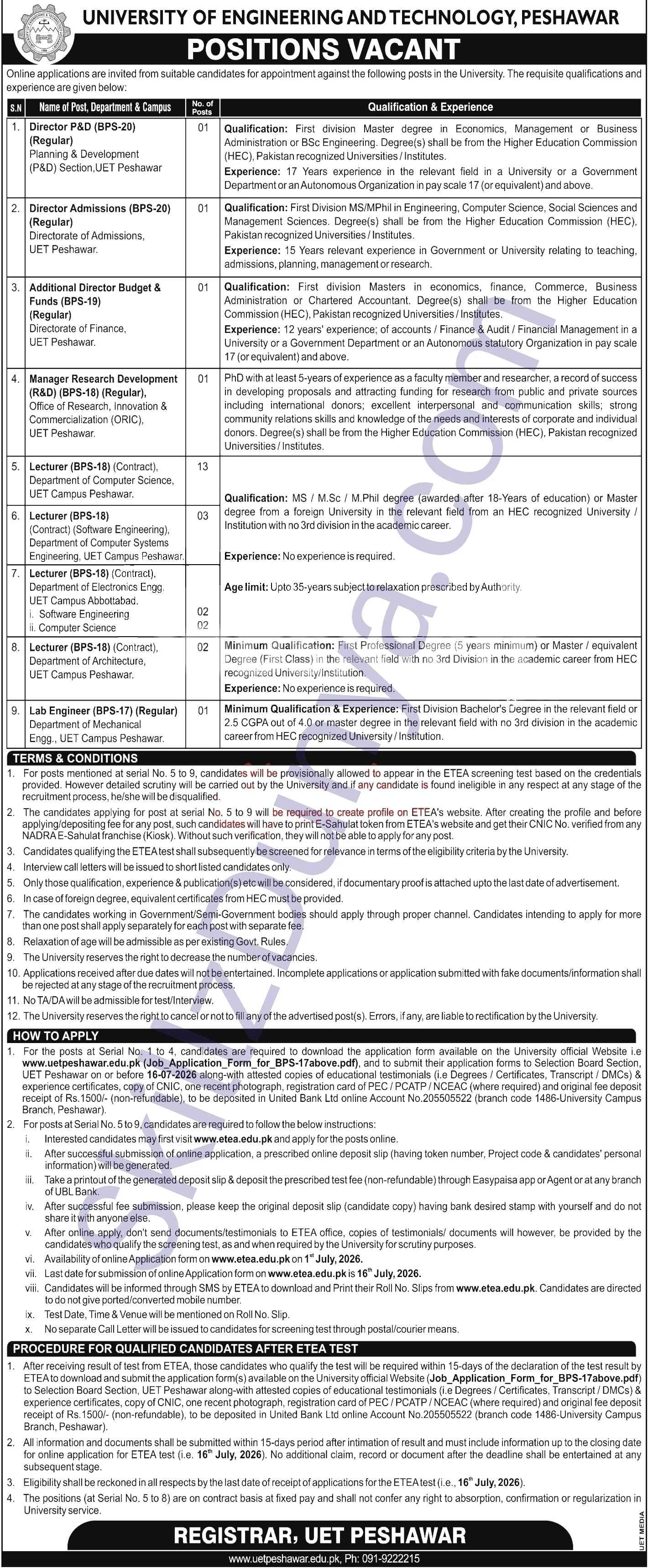 University of Engineering and Technology (UET) Peshawar Jobs 2026 — Director P&D Regular, Director Admissions Regular 2026 — Official Newspaper Advertisement | SkillzDunya