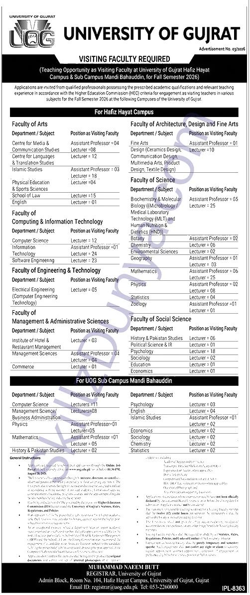 University of Gujrat UOG Jobs 2026 — Visiting Faculty — Official Newspaper Advertisement | SkillzDunya