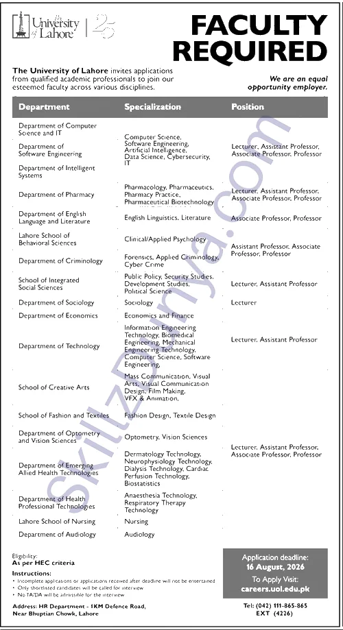 The University Of Lahore Uol — University of Lahore UOL Jobs 2026 — Teaching Faculty Pakistan