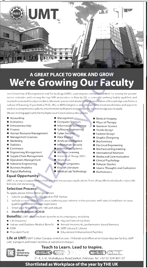 University Of Management And Technology Umt Sialkot Campus — University of Management and Technology UMT Jobs 2026 — Teaching Faculty Pakistan