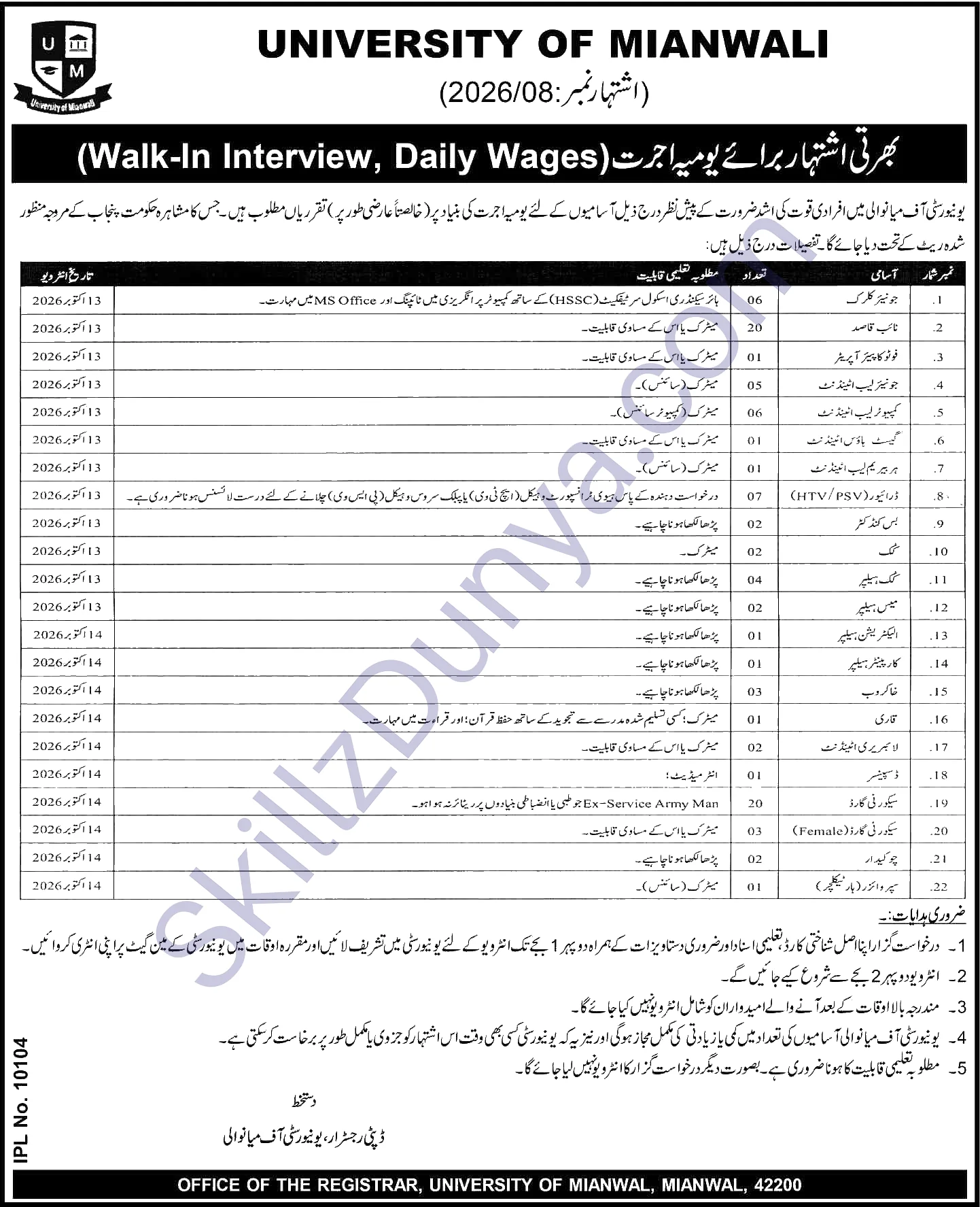 University Of Mianwali — University of Mianwali Jobs 2026 — Junior Clerk, Bus Driver & 12 More Posts Pakistan