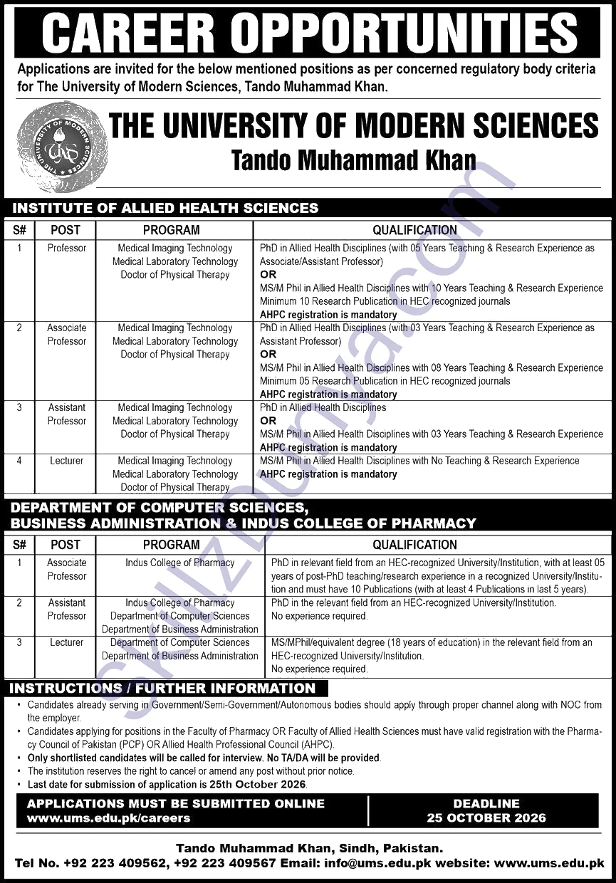 The University Of Modern Sciences Tando Muhammad Khan — University of Modern Sciences Tando Muhammad Khan Jobs 2026 — Professor, Associate Professor & 2 More Posts Pakistan
