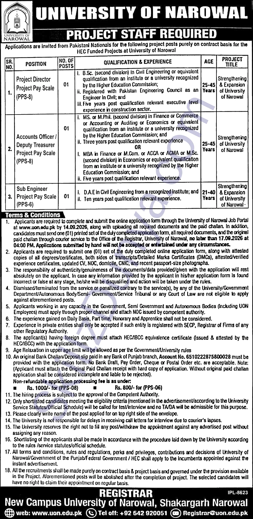 University of Narowal Jobs 2026 — Engineer, Sub Engineer, Accounts Officer — Official Newspaper Advertisement | SkillzDunya