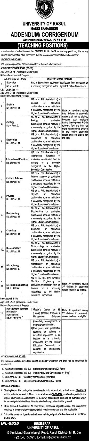 University Of Rasul — University of Rasul Jobs 2026 — Instructor, Zoology, Political Science Pakistan