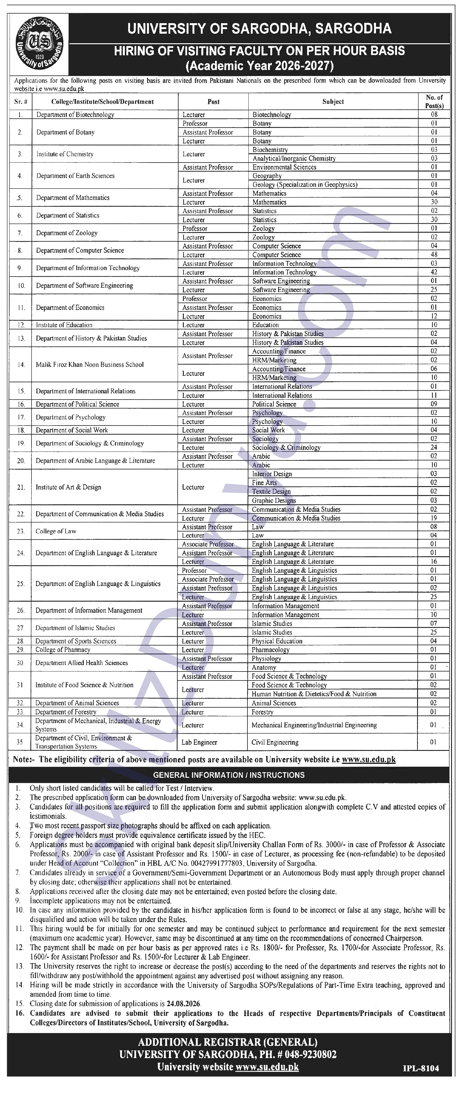 University of Sargodha (UOS) Jobs 2026 — Visiting Faculty — Official Newspaper Advertisement | SkillzDunya
