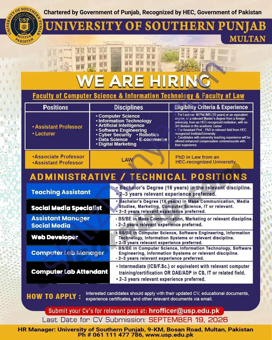 University Of Southern Punjab — University of Southern Multan Jobs 2026 — Associate Professor (Law), Assistant Professor (Law) & 6 More Posts Pakistan