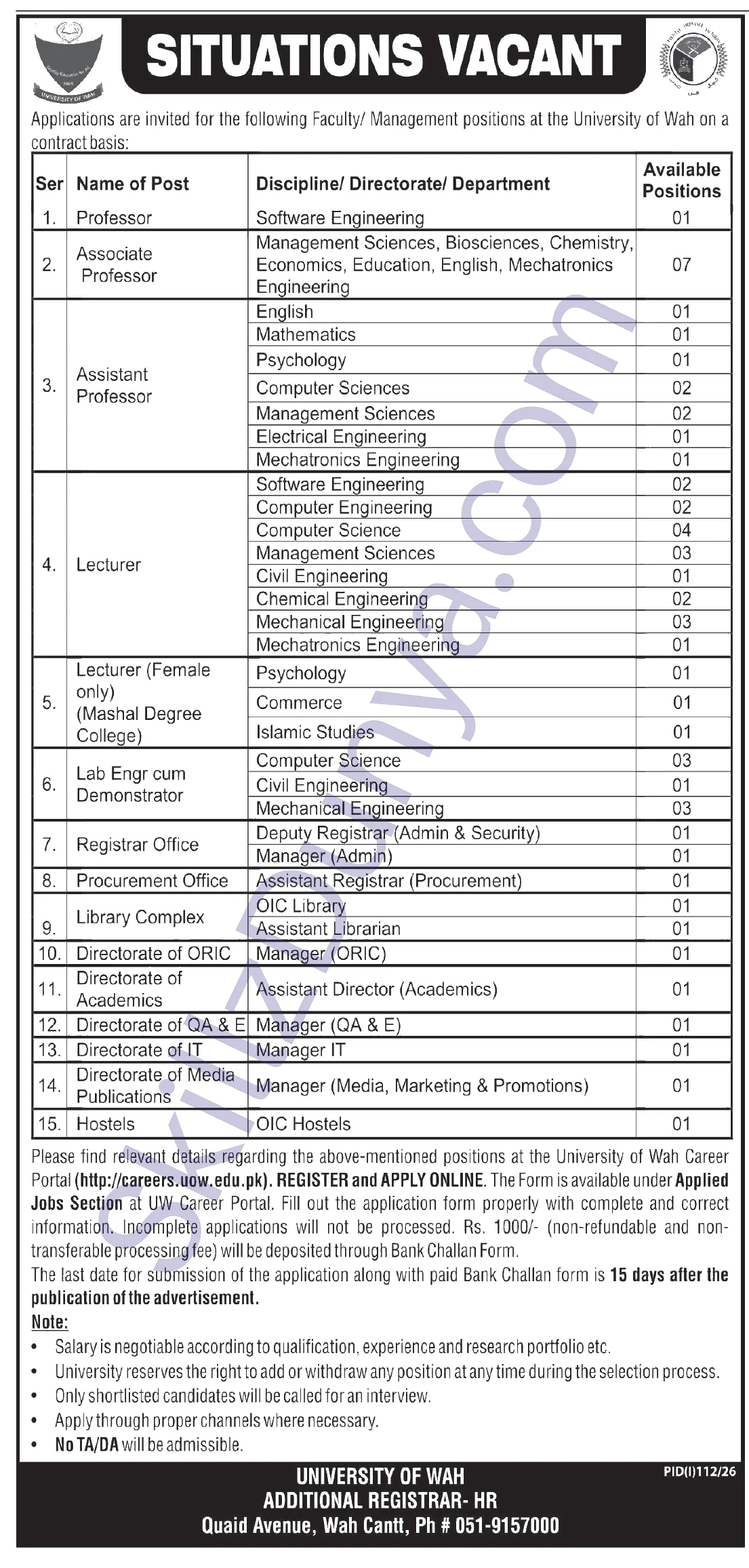 University Of Wah — University of Wah Jobs 2026 — Teaching Faculty Pakistan