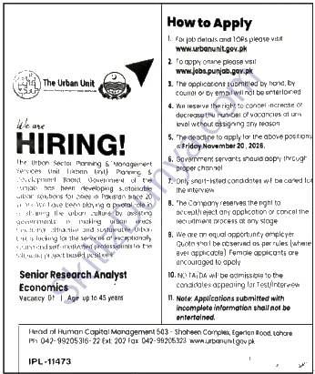 Urban Unit Lahore Jobs 2026 — Senior Research Analyst Economics — Official Newspaper Advertisement | SkillzDunya
