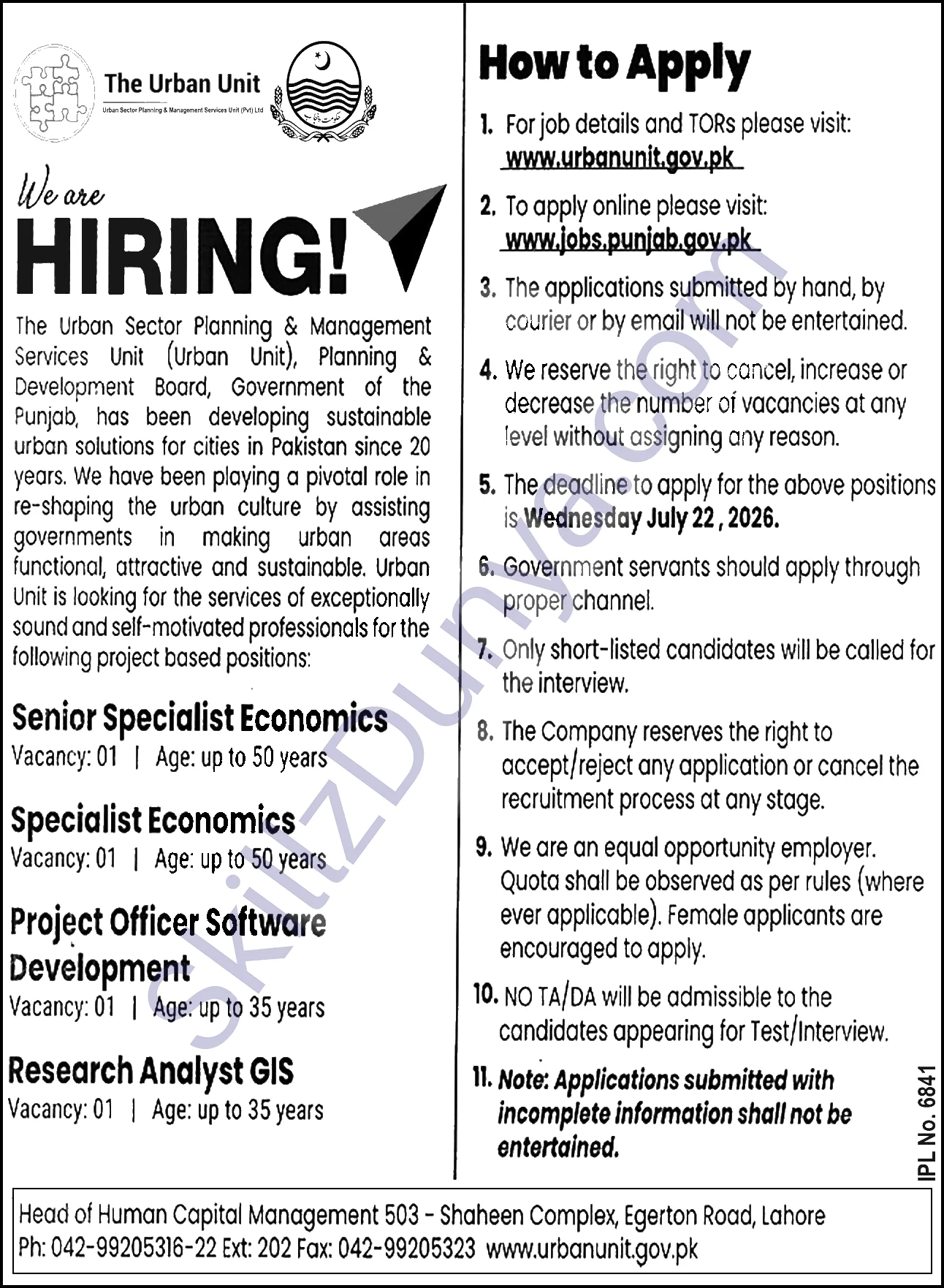 Official Department — Urban Unit Lahore Jobs 2026 — Senior Specialist Economics Pakistan