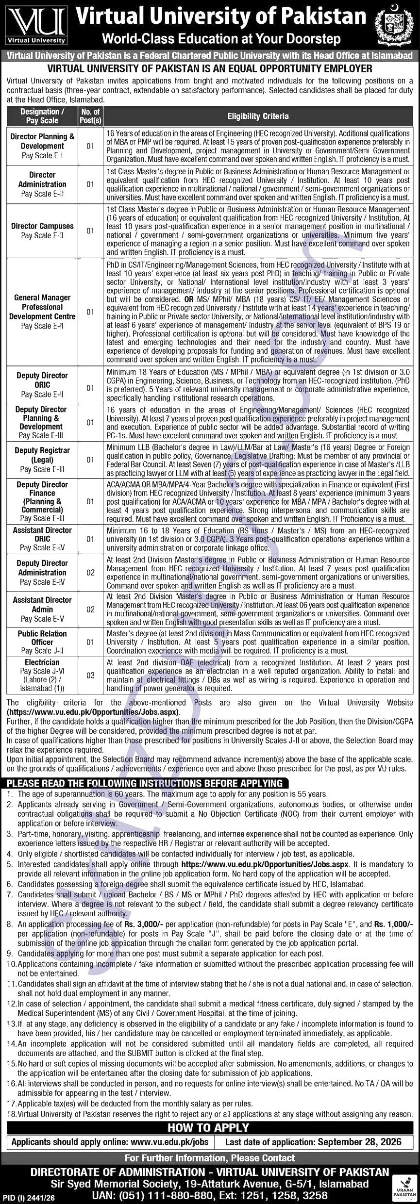 Virtual University of Pakistan Jobs 2026 — Deputy Directors, Assistant Directors, Electricians — Official Newspaper Advertisement | SkillzDunya