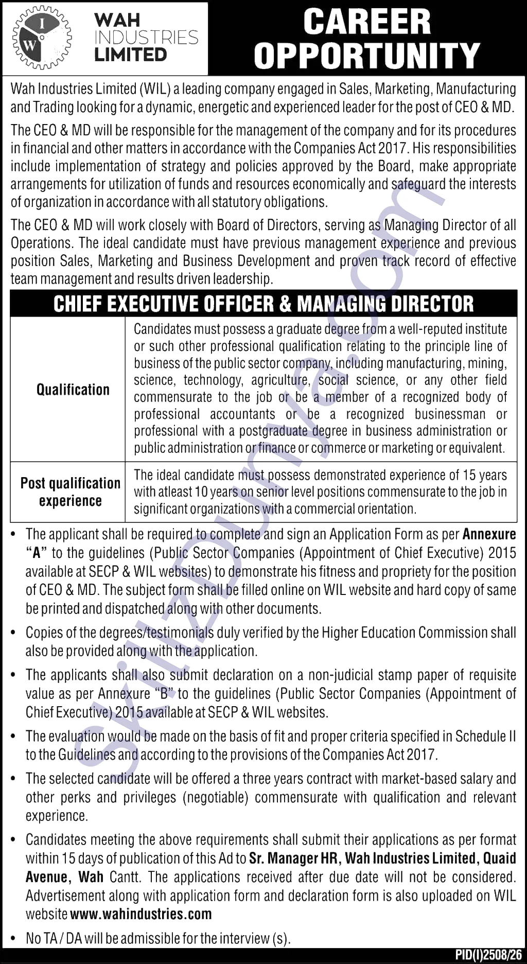 Wah Industries Limited — Wah Industries Limited (WIL) Wah Cantt Jobs 2026 — CEO & Managing Director Pakistan