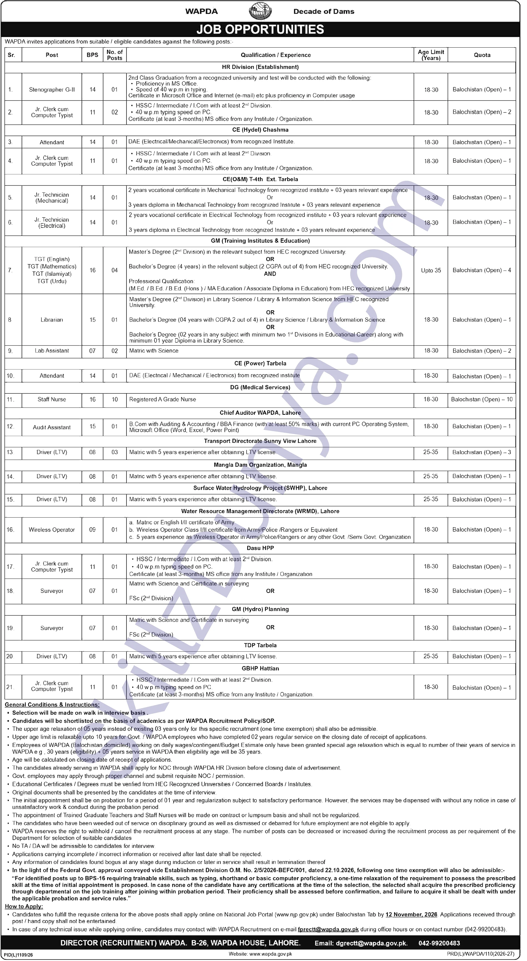 Water and Power Development Authority (WAPDA) Lahore Jobs 2026 — Nurse, Driver (LTV) & 11 More Posts — Official Newspaper Advertisement | SkillzDunya