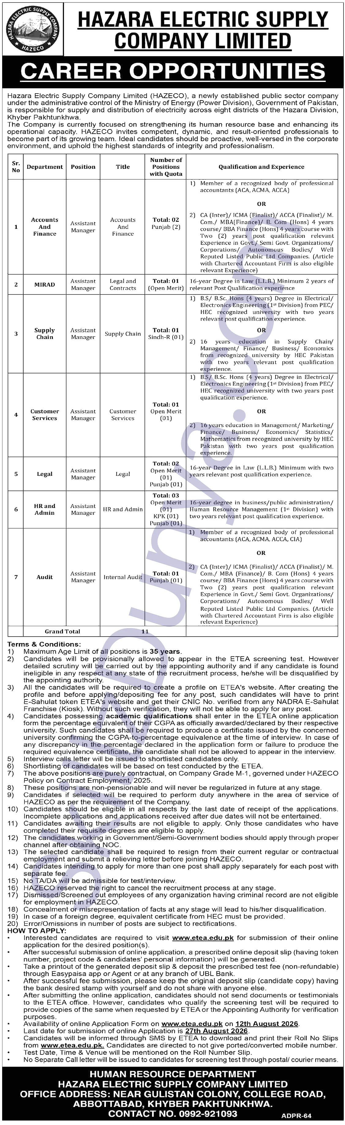 Water and Power Development Authority (WAPDA) Abbottabad Jobs 2026 — Assistant Manager HR Admin, Assistant Manager Accounts Finance & 5 More Posts — Official Newspaper Advertisement | SkillzDunya