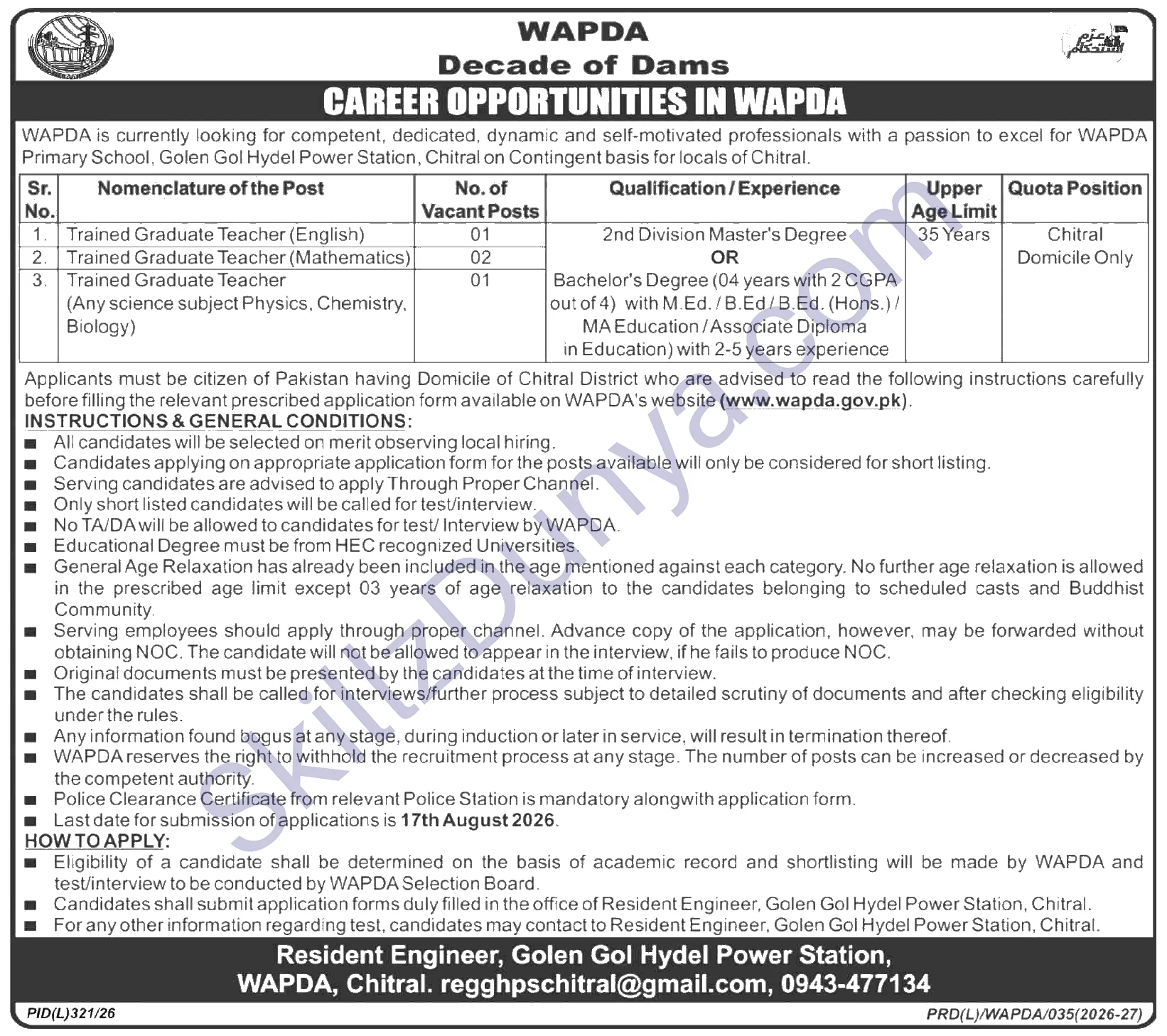 Water and Power Development Authority (WAPDA) Jobs 2026 — Trained Graduate Teacher (Mathematics), Trained Graduate Teacher (English) — Official Newspaper Advertisement | SkillzDunya