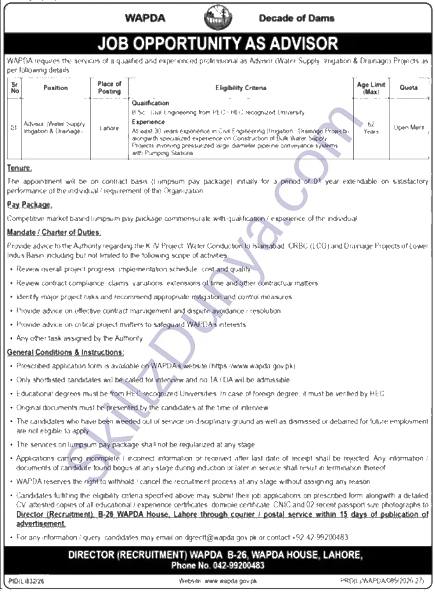 Water and Power Development Authority (WAPDA) Lahore Jobs 2026 — Official Newspaper Advertisement | SkillzDunya