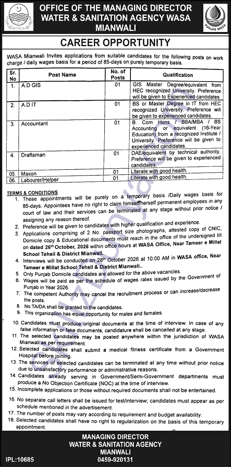 Water Sanitation Agency Wasa Mianwali — Water & Sanitation Agency WASA Mianwali Jobs 2026 — A.d GIS, A.d IT & 4 More Posts Pakistan