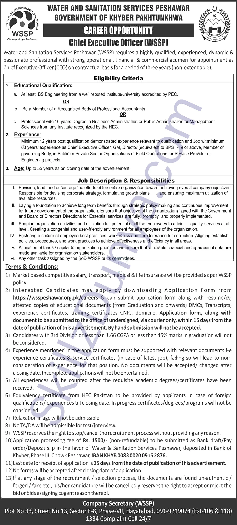 Water Sanitation Services Peshawar Wssp — Water & Sanitation Services Peshawar Jobs 2026 — Chief Executive Officer (WSSP) Pakistan