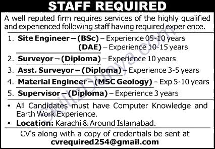 Well Reputed Construction Firm Karachi Jobs 2026 — Site Engineer, Surveyor & 3 More Posts — Official Newspaper Advertisement | SkillzDunya