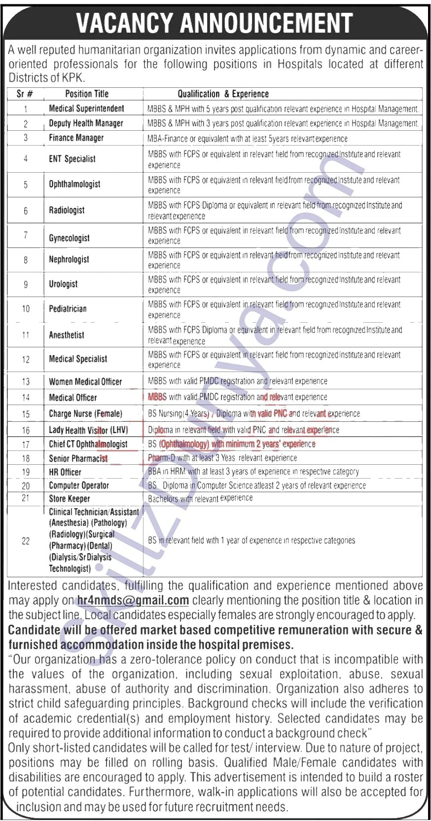 Well Reputed Humanitarian Organization — Well Reputed Humanitarian Organization Jobs 2026 — Medical Superintendent, Deputy Health Manager & 19 More Posts Pakistan