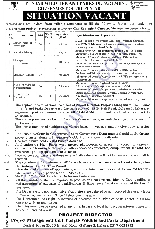 Wildlife Department Jobs 2026 — Bansra Gali Zoological Garden, Murree — Official Newspaper Advertisement | SkillzDunya