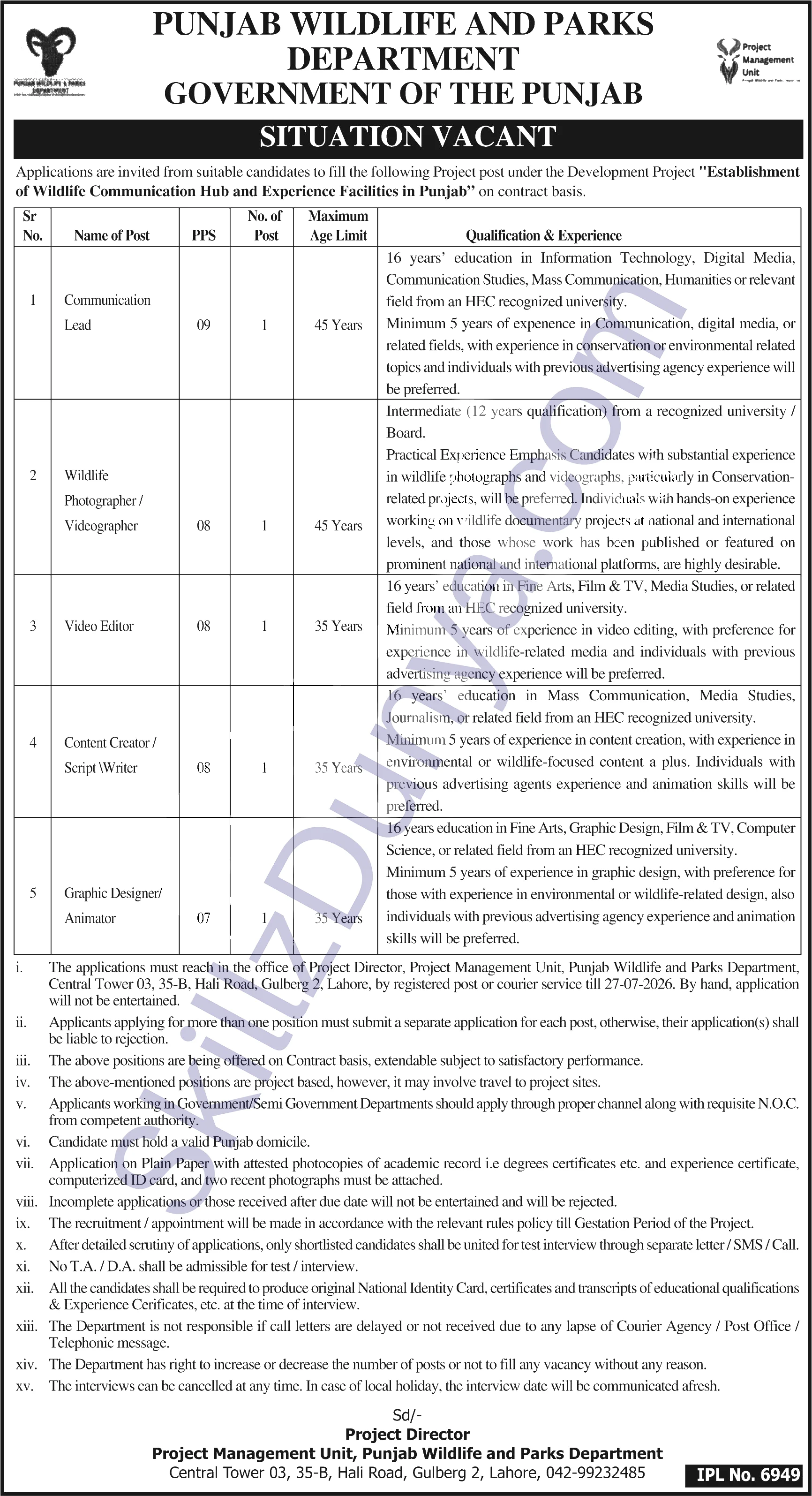 Wildlife Department Lahore Jobs 2026 — Content Writer — Official Newspaper Advertisement | SkillzDunya