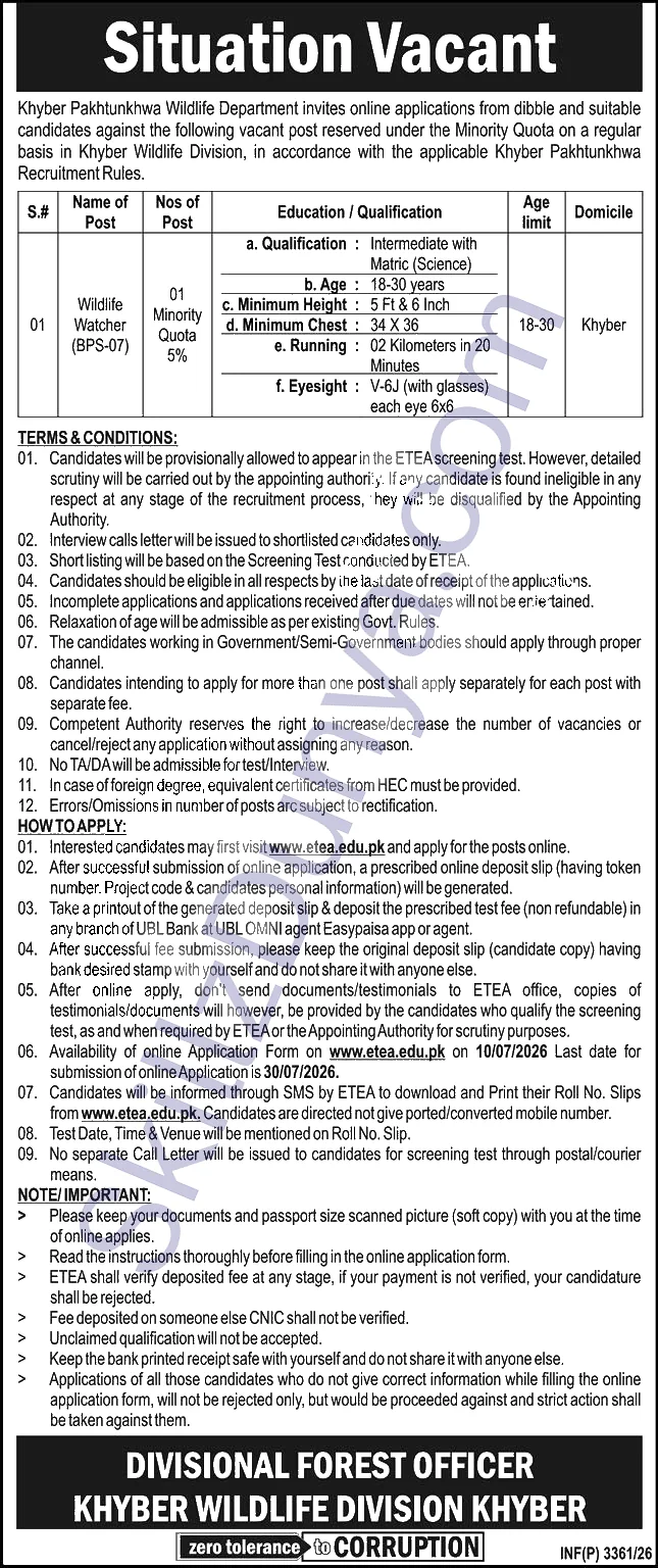 Wildlife Department Peshawar Jobs 2026 — Wildlife Watcher — Official Newspaper Advertisement | SkillzDunya
