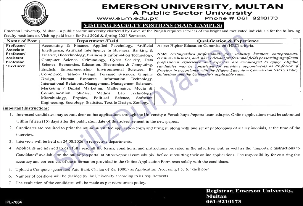 Women University Jobs 2026 — Visiting Faculty — Official Newspaper Advertisement | SkillzDunya