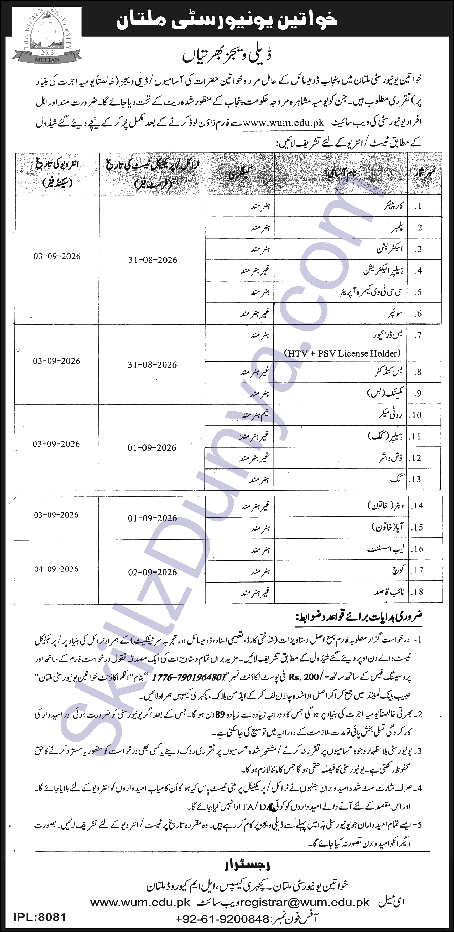 Women University Jobs 2026 — Plumber, Electrician & 6 More Posts — Official Newspaper Advertisement | SkillzDunya
