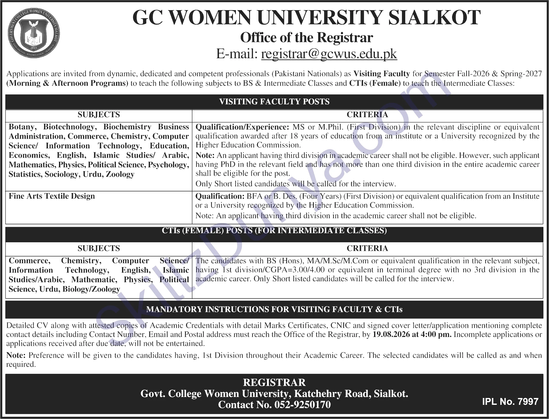 Women University Jobs 2026 — Visiting Faculty — Official Newspaper Advertisement | SkillzDunya