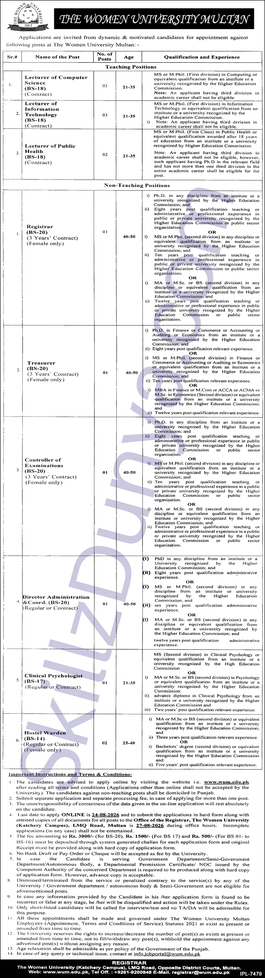 Women University Jobs 2026 — Lecturers, Non-Teaching — Official Newspaper Advertisement | SkillzDunya