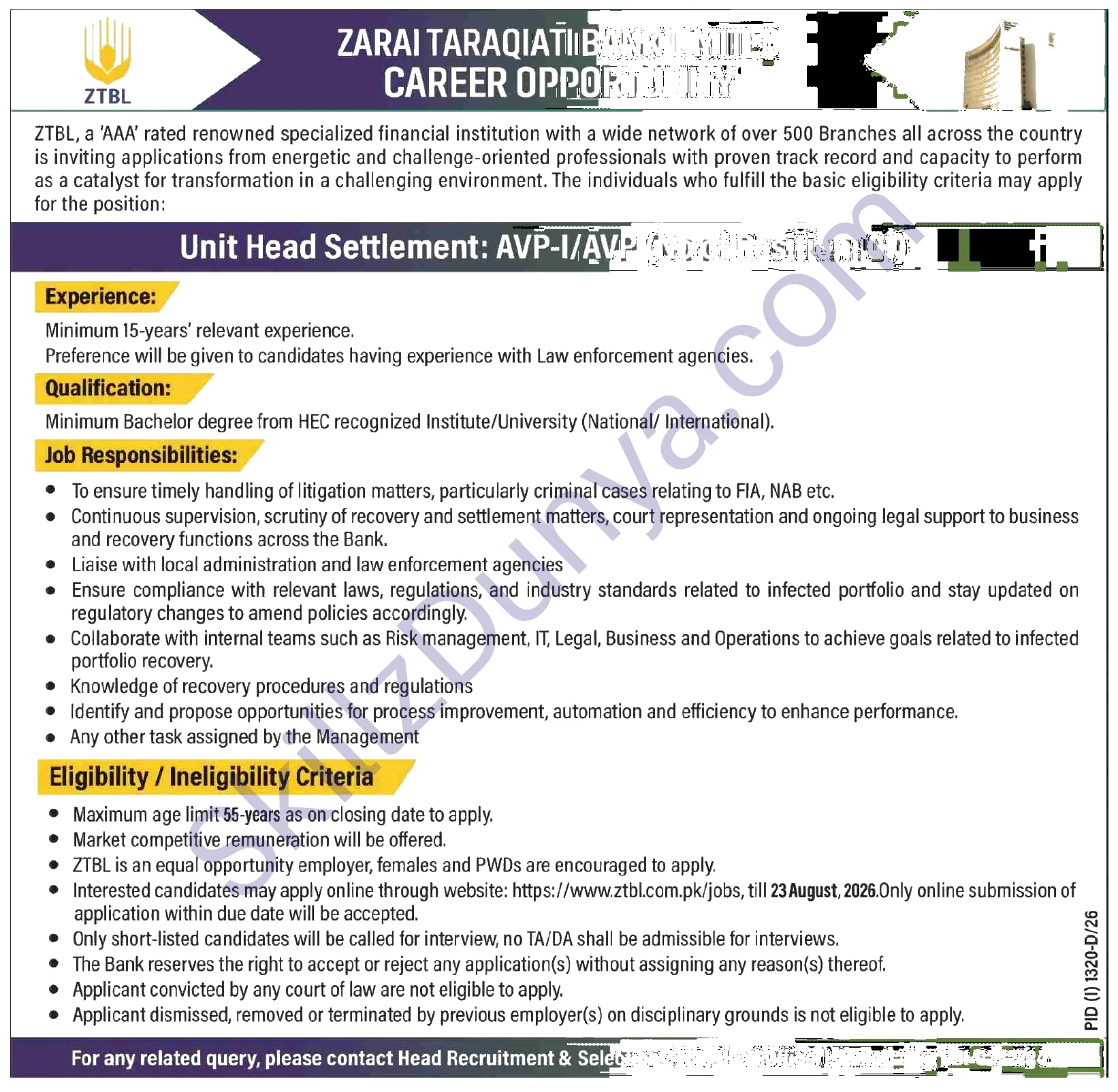 Zarai Taraqiati Bank Limited (ZTBL) Islamabad Jobs 2026 — Unit Head Settlement: AVP-I/AVP — Official Newspaper Advertisement | SkillzDunya